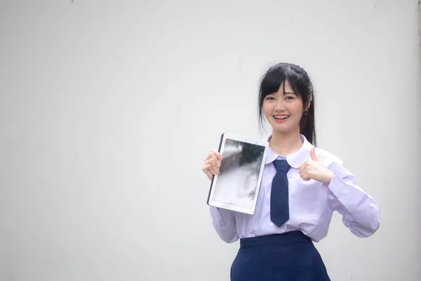Ritratto Tailandese Liceo Studente Uniforme Bella Ragazza Show Tablet — Foto Stock