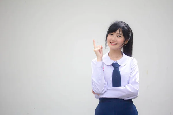 Portrait Thai High School Student Uniform Beautiful Girl Pointing — Stock Photo, Image