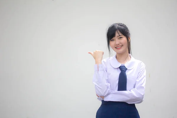 Portret Van Thaise Middelbare School Student Uniform Mooi Meisje Wijzend — Stockfoto