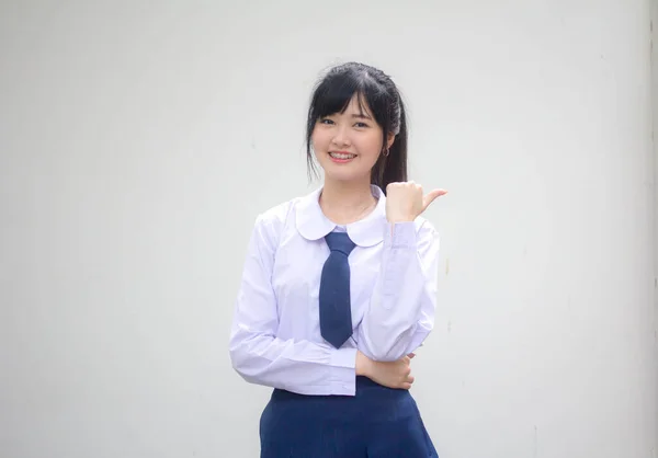 Portrait Thai High School Student Uniform Beautiful Girl Pointing — Stock Photo, Image