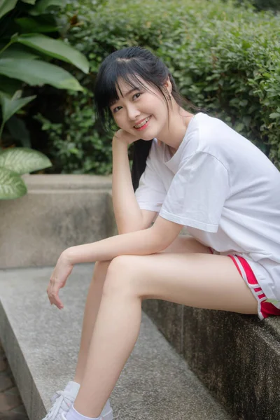 Asijské Thajská Japonská Dospívající Dospívající Bílý Shirt Krásný Dívka Šťastný — Stock fotografie