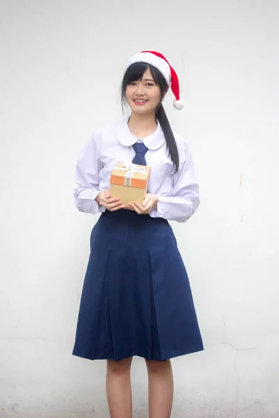 Portrait Thai High School Student Uniform Hold Gift Box Hands — Stock Photo, Image