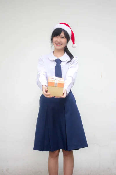 Portrait Thai High School Student Uniform Hold Gift Box Hands — Stock Photo, Image