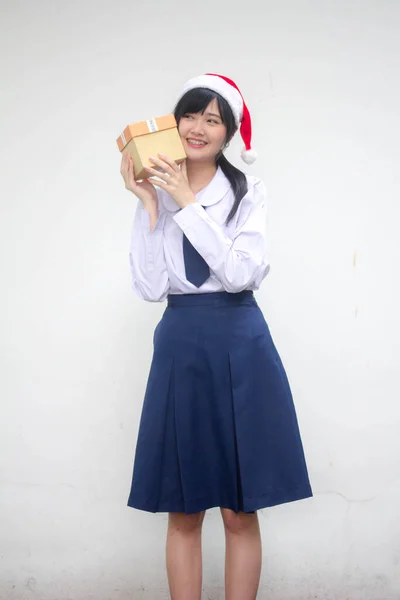 Portrait Thai High School Student Uniform Hold Gift Box Hands — Stock Photo, Image