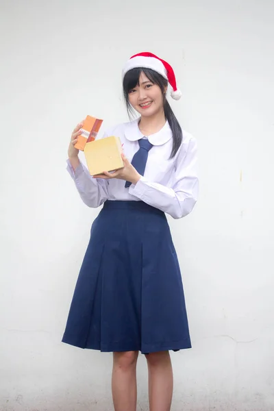 Portrait Thai High School Student Uniform Hold Gift Box Hands — Stock Photo, Image