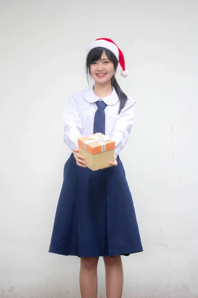 Portrait Thai High School Student Uniform Hold Gift Box Hands — Stock Photo, Image