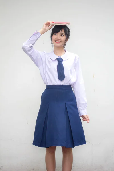 Asia Thai High School Student Uniform Beautiful Girl Book — Stock Photo, Image