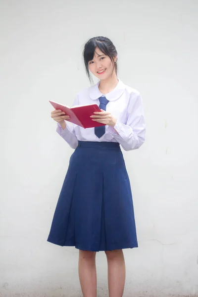 Asia Thai High School Student Uniform Beautiful Girl Read Book — Stock Photo, Image