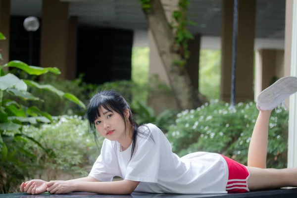 Ásia Tailandês Japonês Adolescente Branco Shirt Bela Menina Feliz Relaxar — Fotografia de Stock