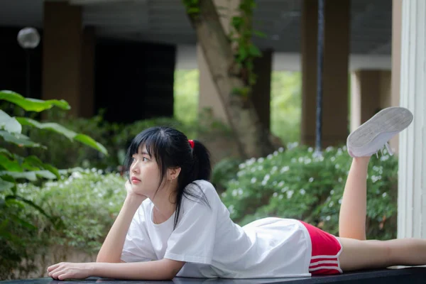 asia thai japanese teen teen White t-shirt beautiful girl happy and relax