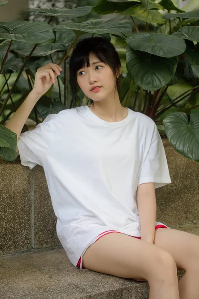 Asiatico Thai Giapponese Teen Bianco Shirt Bella Ragazza Felice Relax — Foto Stock