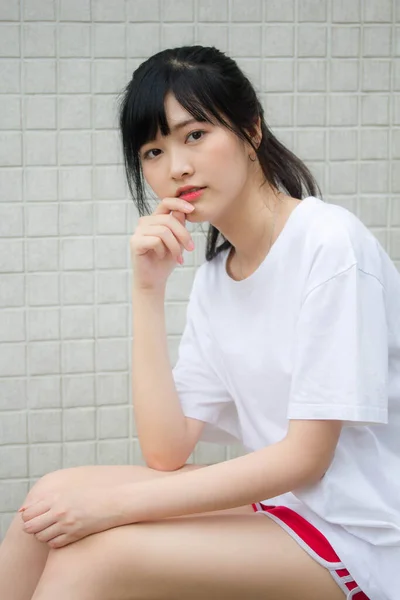 Asiatisch Thai Japanisch Teen Weiß Shirt Hübsch Mädchen Glücklich Und — Stockfoto