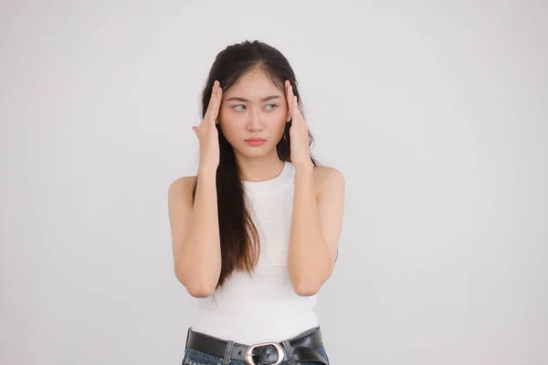 Retrato Tailandês China Adulto Bela Menina Branco Camisa Azul Jeans — Fotografia de Stock