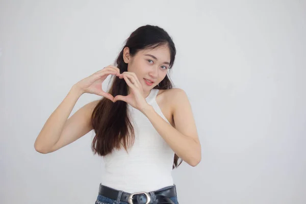 Retrato Tailandés China Adulto Hermosa Niña Camisa Blanca Vaqueros Azules —  Fotos de Stock