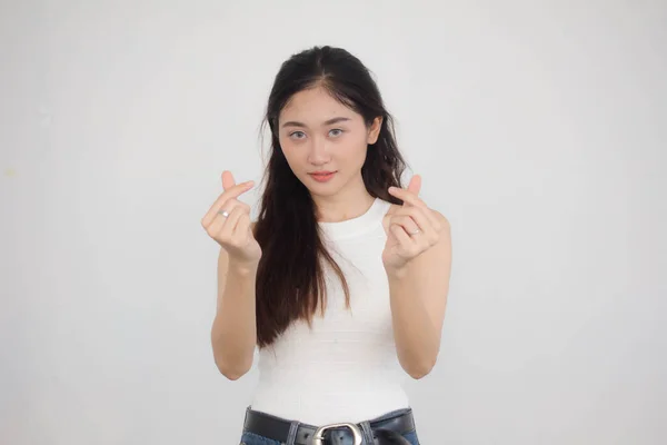 Retrato Tailandés China Adulto Hermosa Niña Camisa Blanca Vaqueros Azules — Foto de Stock