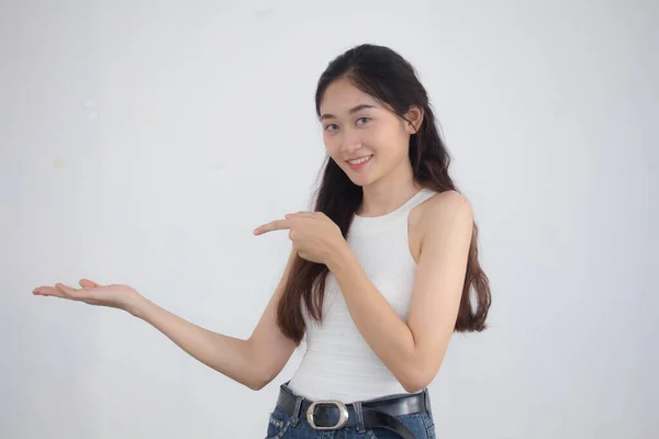 Portrait Thai China Adult Beautiful Girl White Shirt Blue Jeans — Stock Photo, Image