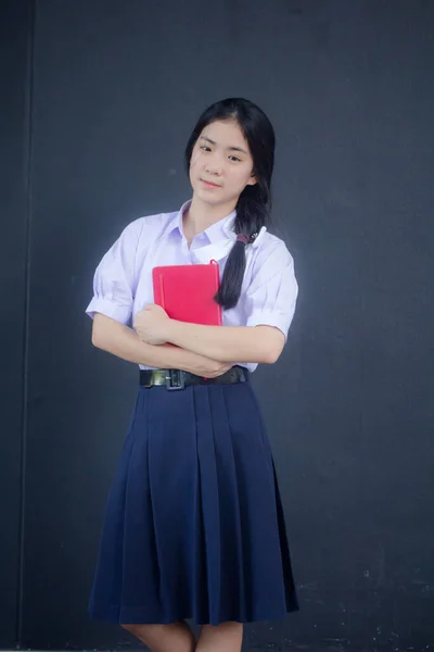 Retrato Tailandês Estudante Ensino Médio Uniforme Adolescente Linda Menina Feliz — Fotografia de Stock