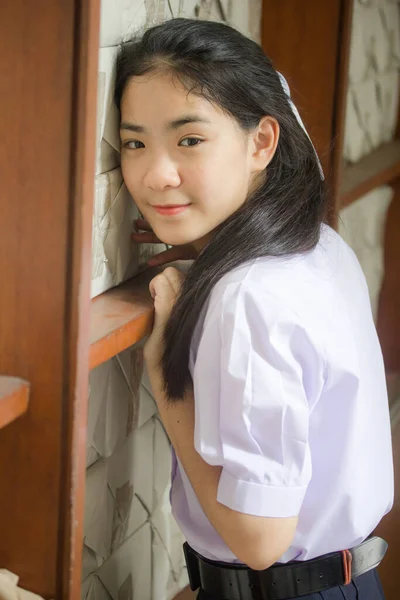 Portrait Thai High School Student Uniform Teen Beautiful Girl Happy — Stock Photo, Image