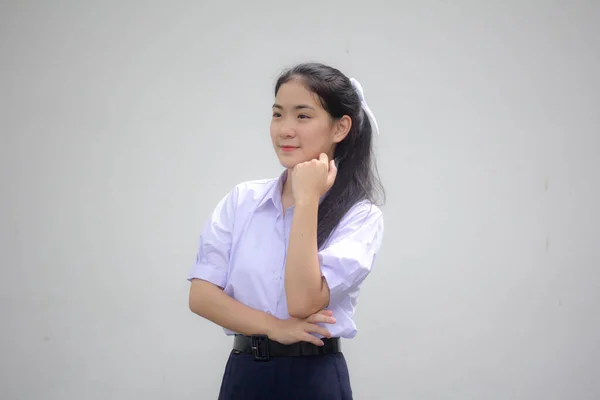 Retrato Tailandês Estudante Ensino Médio Uniforme Menina Bonita Pense — Fotografia de Stock