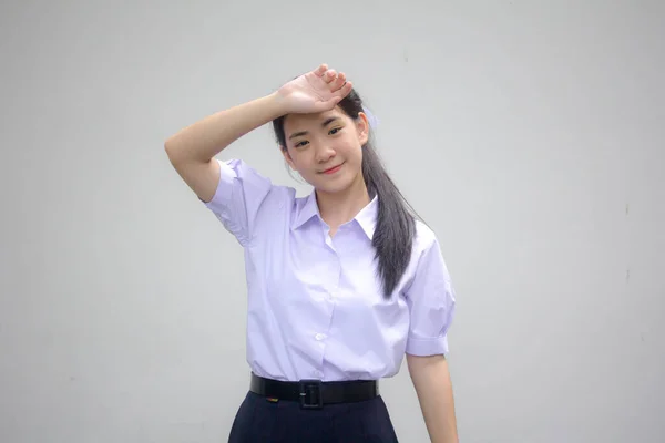 Retrato Tailandês Estudante Ensino Médio Uniforme Menina Bonita Pense — Fotografia de Stock
