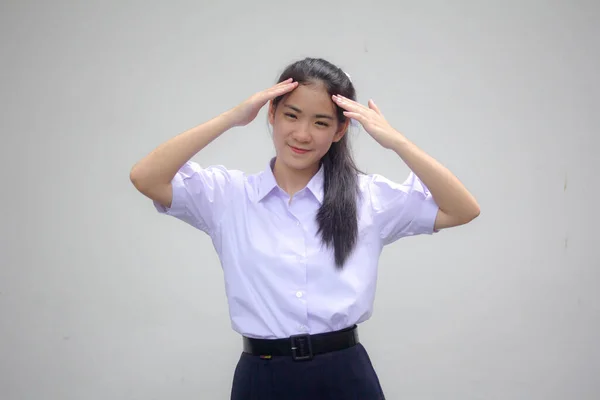 Retrato Tailandês Estudante Ensino Médio Uniforme Menina Bonita Pense — Fotografia de Stock