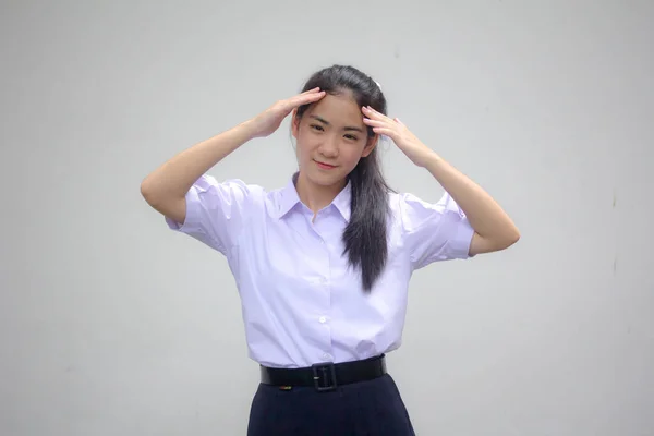 Retrato Tailandés Estudiante Secundaria Uniforme Hermosa Chica Think — Foto de Stock