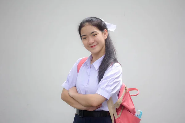 Retrato Tailandês Estudante Ensino Médio Uniforme Adolescente Linda Menina Feliz — Fotografia de Stock