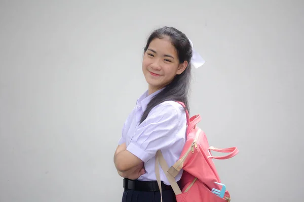 Retrato Tailandês Estudante Ensino Médio Uniforme Adolescente Linda Menina Feliz — Fotografia de Stock