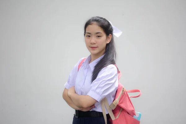 Retrato Tailandês Estudante Ensino Médio Uniforme Adolescente Linda Menina Feliz — Fotografia de Stock