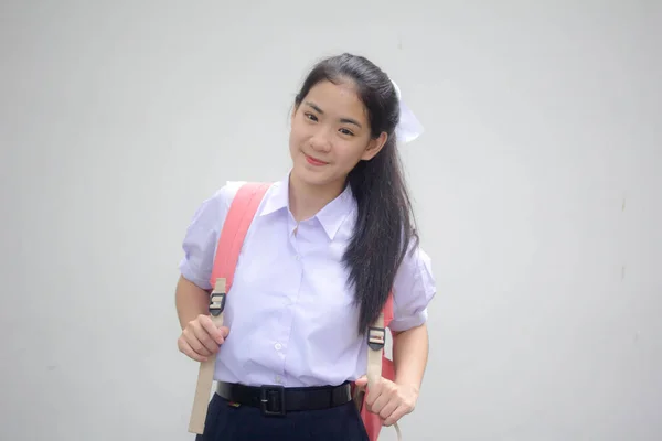 Porträtt Thai Gymnasiet Student Uniform Tonåring Vacker Flicka Glad Och — Stockfoto