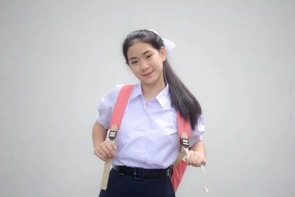 Portrait Thai Lycéen Uniforme Adolescent Belle Fille Heureux Détendre — Photo