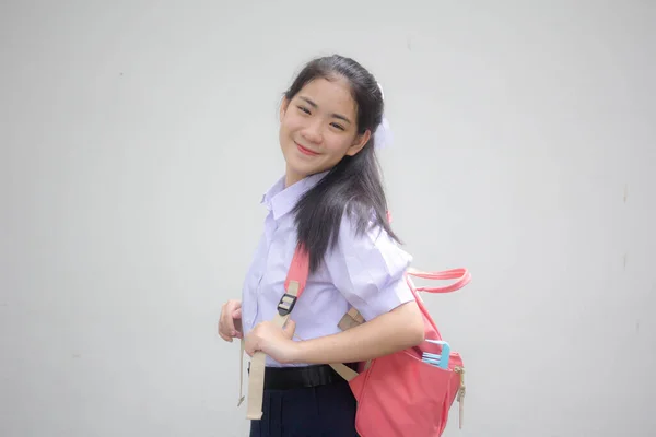 Retrato Tailandés Estudiante Secundaria Uniforme Adolescente Hermosa Chica Feliz Relajarse —  Fotos de Stock