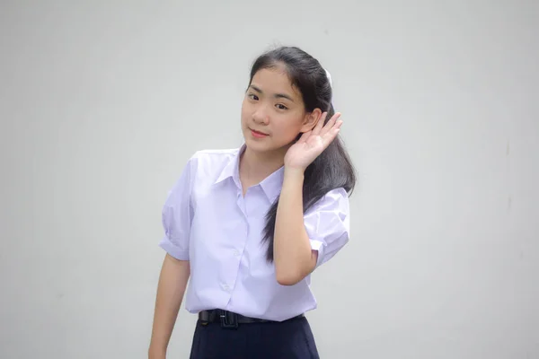 Retrato Tailandês Estudante Ensino Médio Uniforme Menina Bonita Ouvir — Fotografia de Stock