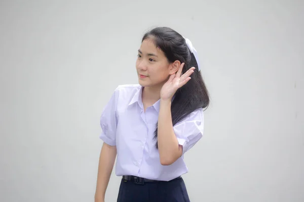 Retrato Tailandês Estudante Ensino Médio Uniforme Menina Bonita Ouvir — Fotografia de Stock