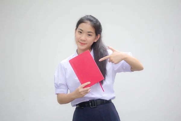 Asia Thai High School Student Uniform Beautiful Girl Book — Stock Photo, Image