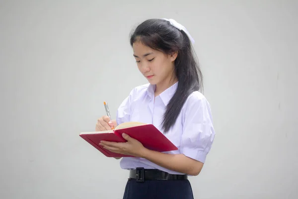 Ásia Tailandês Estudante Ensino Médio Uniforme Bela Menina Escreva Livro — Fotografia de Stock