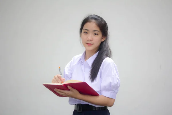 Asia Thai High School Student Uniform Beautiful Girl Write Book — Stock Photo, Image