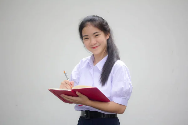 Ásia Tailandês Estudante Ensino Médio Uniforme Bela Menina Escreva Livro — Fotografia de Stock