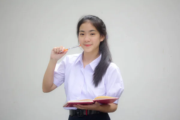 Ásia Tailandês Estudante Ensino Médio Uniforme Bela Menina Escreva Livro — Fotografia de Stock