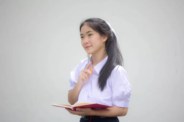 Ásia Tailandês Estudante Ensino Médio Uniforme Bela Menina Escreva Livro — Fotografia de Stock