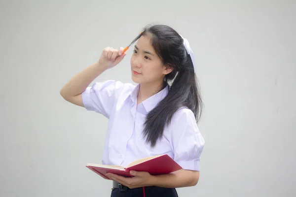 Ásia Tailandês Estudante Ensino Médio Uniforme Bela Menina Escreva Livro — Fotografia de Stock