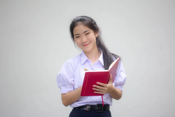 Ásia Tailandês Estudante Ensino Médio Uniforme Bela Menina Escreva Livro — Fotografia de Stock