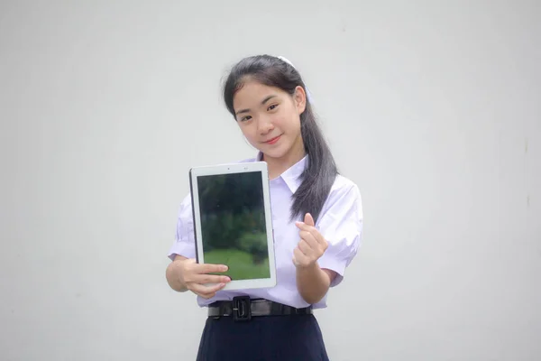 Retrato Tailandés Estudiante Secundaria Uniforme Hermosa Chica Espectáculo Tableta — Foto de Stock