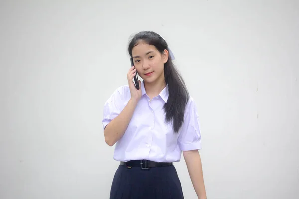 Retrato Tailandês Estudante Ensino Médio Uniforme Adolescente Bela Garota Chamando — Fotografia de Stock