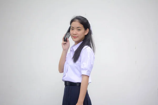 Retrato Tailandês Estudante Ensino Médio Uniforme Adolescente Bela Garota Chamando — Fotografia de Stock