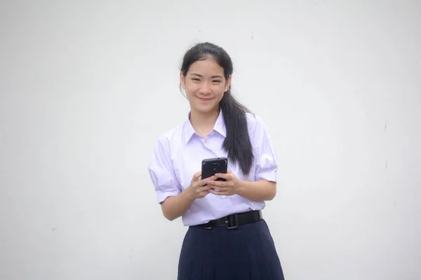 Portrait Thai Lycéen Uniforme Adolescent Belle Fille Aide Son Téléphone — Photo