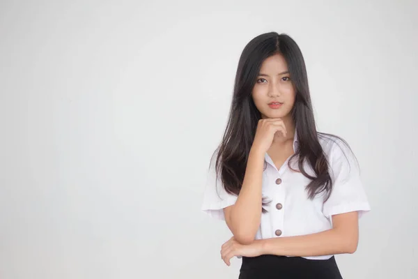 Retrato Tailandês Adulto Estudante Universidade Uniforme Bela Menina Relaxar Sorrir — Fotografia de Stock