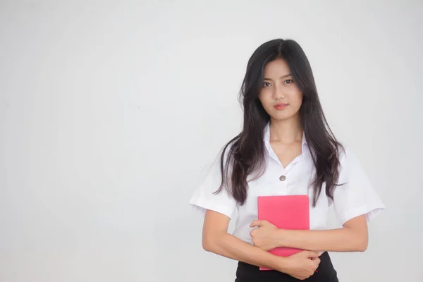 Retrato Tailandês Adulto Estudante Universidade Uniforme Bela Menina Ler Livro — Fotografia de Stock