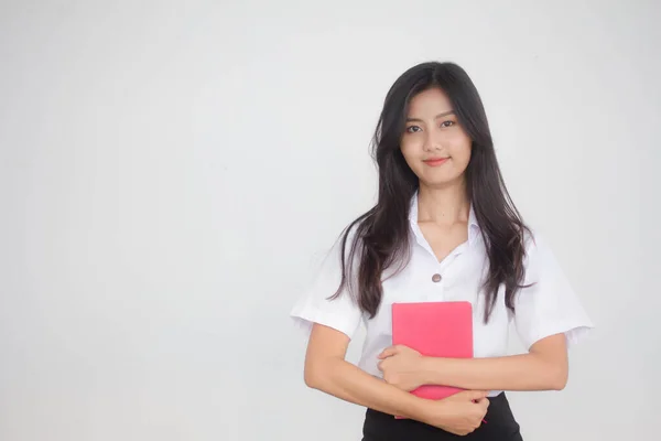 Retrato Tailandês Adulto Estudante Universidade Uniforme Bela Menina Ler Livro — Fotografia de Stock