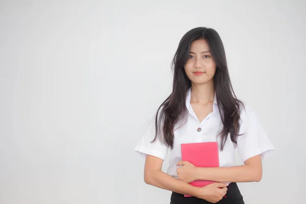 Portrait Thai Adulte Étudiant Uniforme Universitaire Belle Fille Livre Rouge — Photo